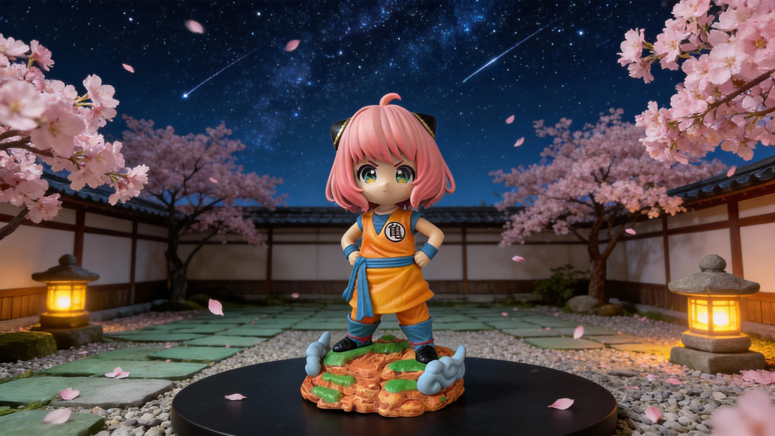 Son Anya fusion figure featuring Anya Forger with pink hair wearing Goku's orange martial arts gi, standing on a translucent yellow Nimbus cloud base.