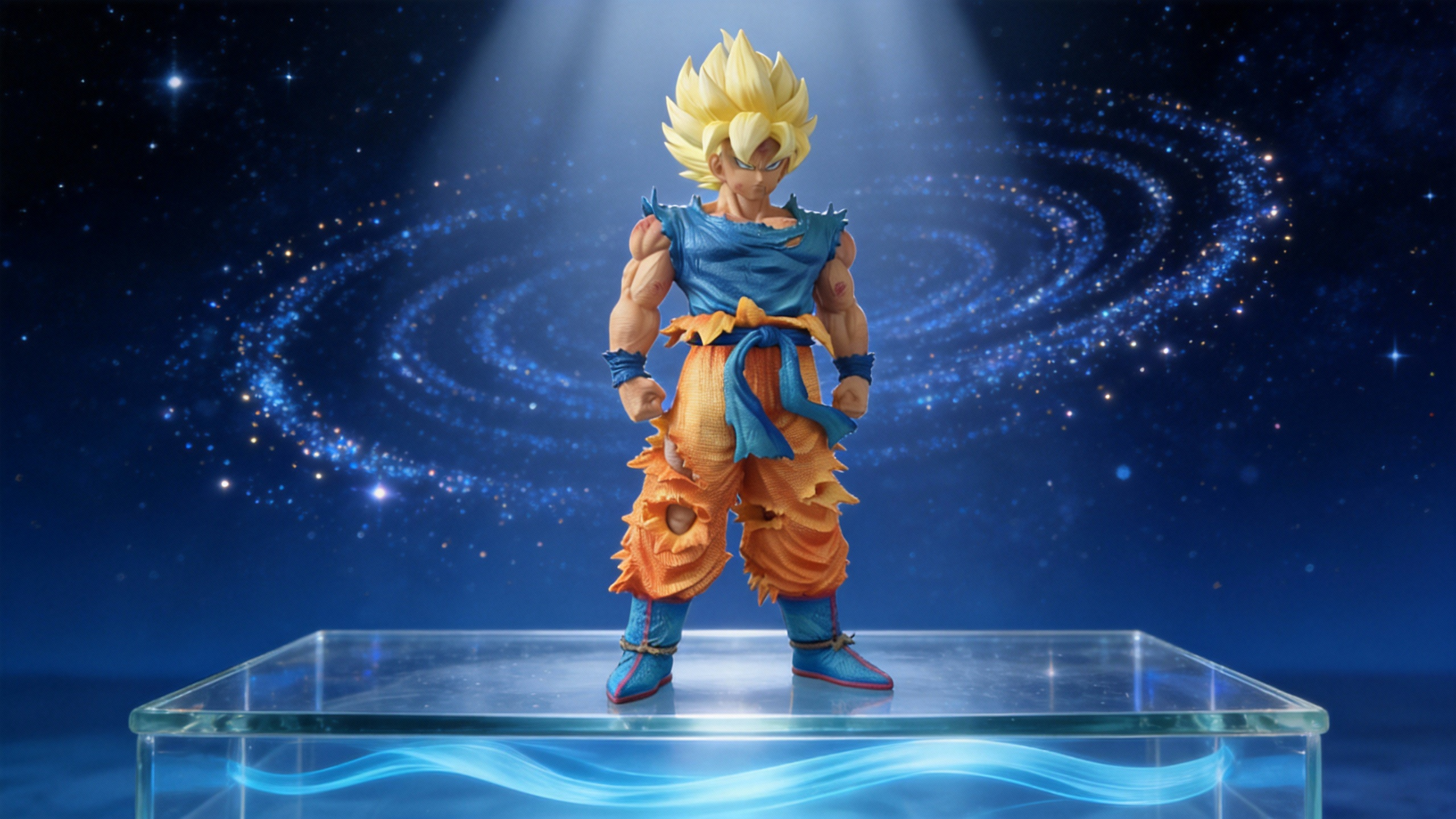 Dual Goku GK Statue featuring Super Saiyan 1 with golden hair and Ultra Instinct Sign with silver-black hair, custom burgundy and grey gi, standing on rubble base.