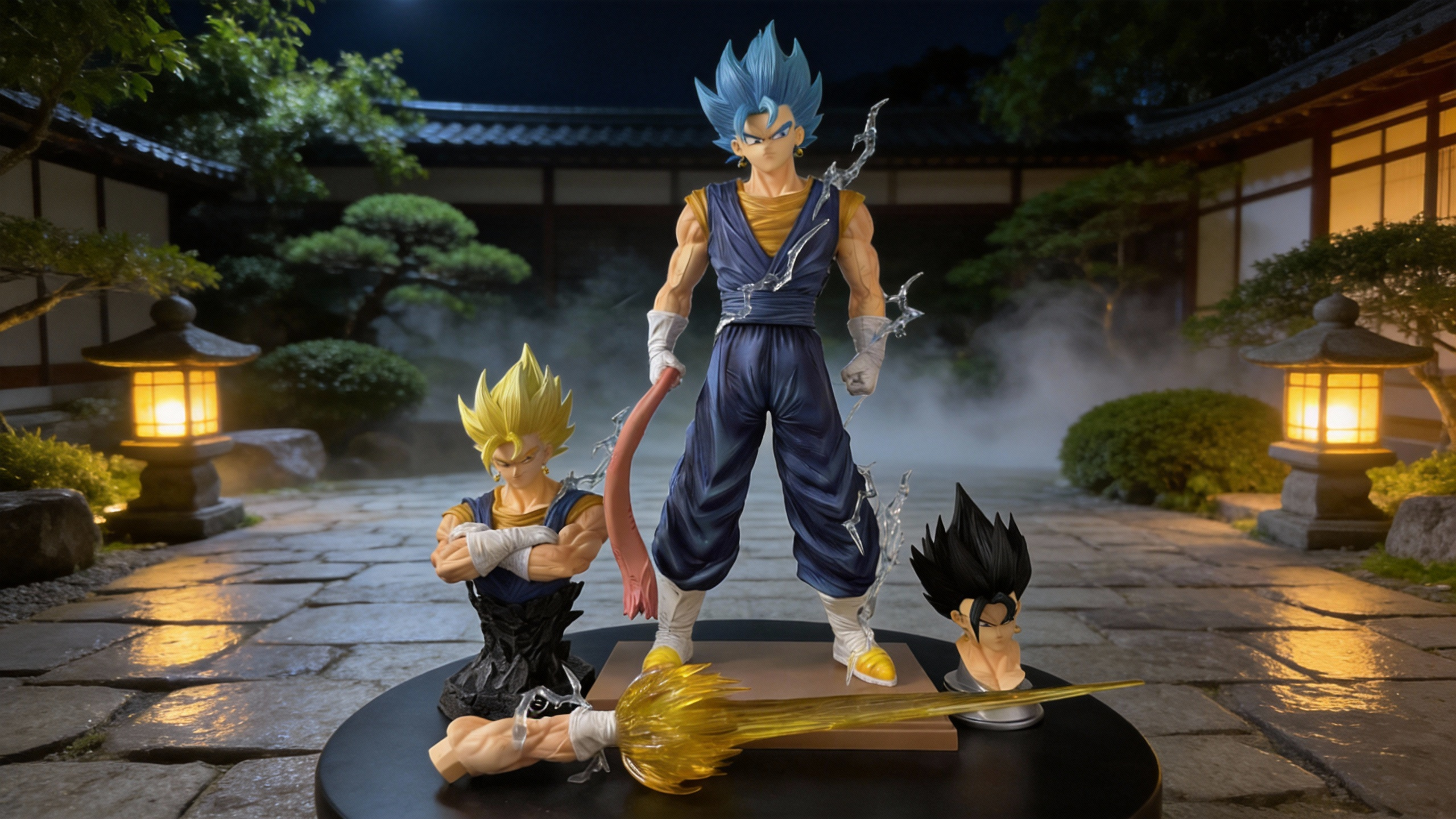 Vegito GK Statue featuring three interchangeable head sculpts (Base, Super Saiyan, Super Saiyan Blue) on a premium bust display stand, wearing a detailed blue and orange martial arts gi.