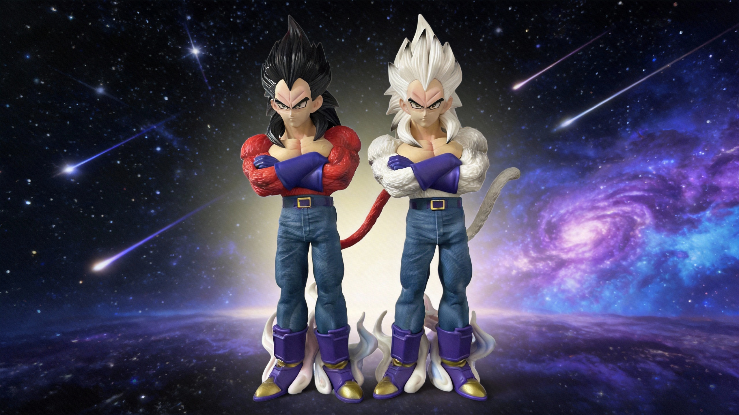 High-end GK statue of Vegeta in Super Saiyan 4 and Super Saiyan 5 forms, showing crimson fur and silver hair with detailed muscular definition and textured denim jeans.
