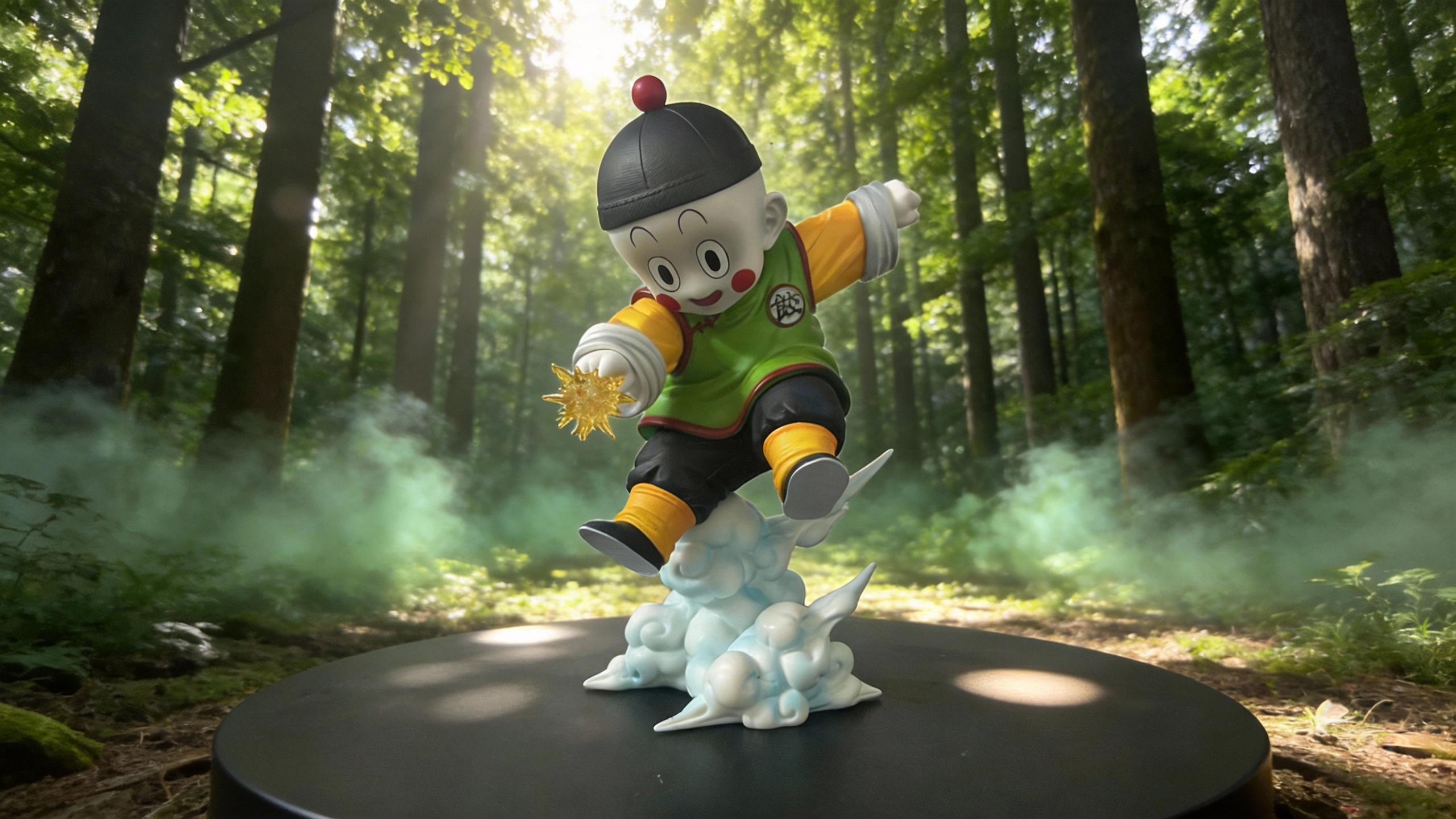 Chaozu Dragon Ball Z GK statue performing Dodon Ray with a glowing star-flare effect, wearing a green and yellow Crane School uniform and red-topped hat.