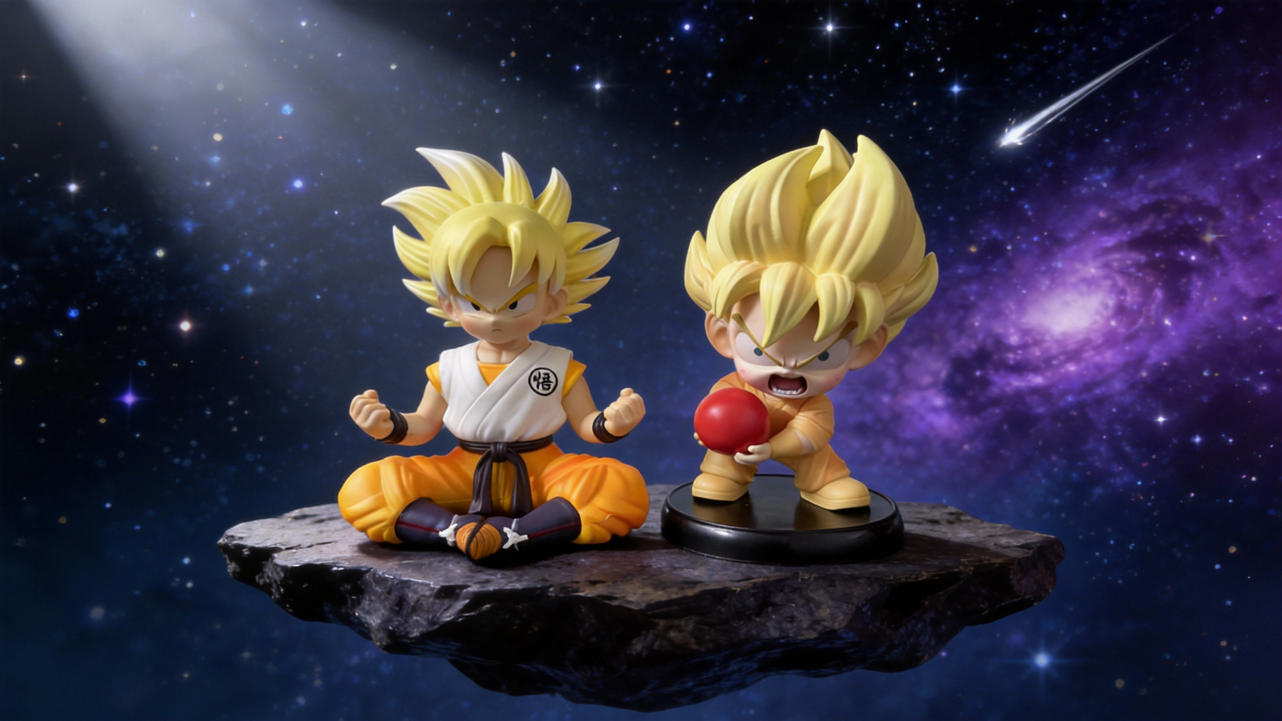 : A premium Q-version Super Saiyan Goku figure in a Kamehameha pose, featuring vibrant metallic gold hair and a detailed orange martial arts gi on a circular base.