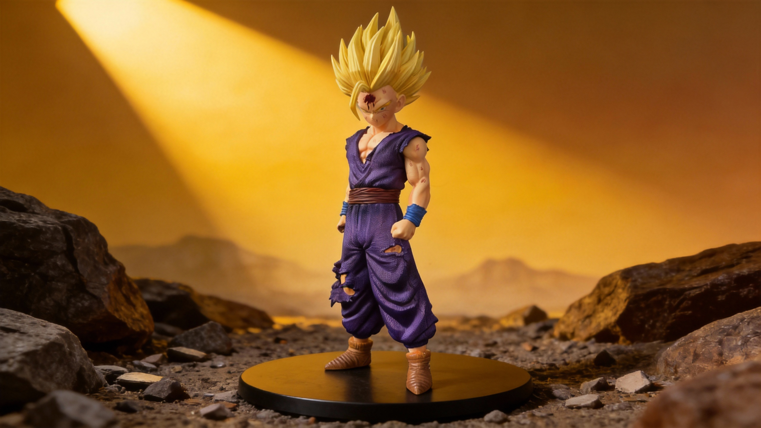 SSJ2 Teen Gohan limited GK statue with intense battle-damage, wearing a shredded purple martial arts gi, looking down with golden hair and a brooding atmosphere.