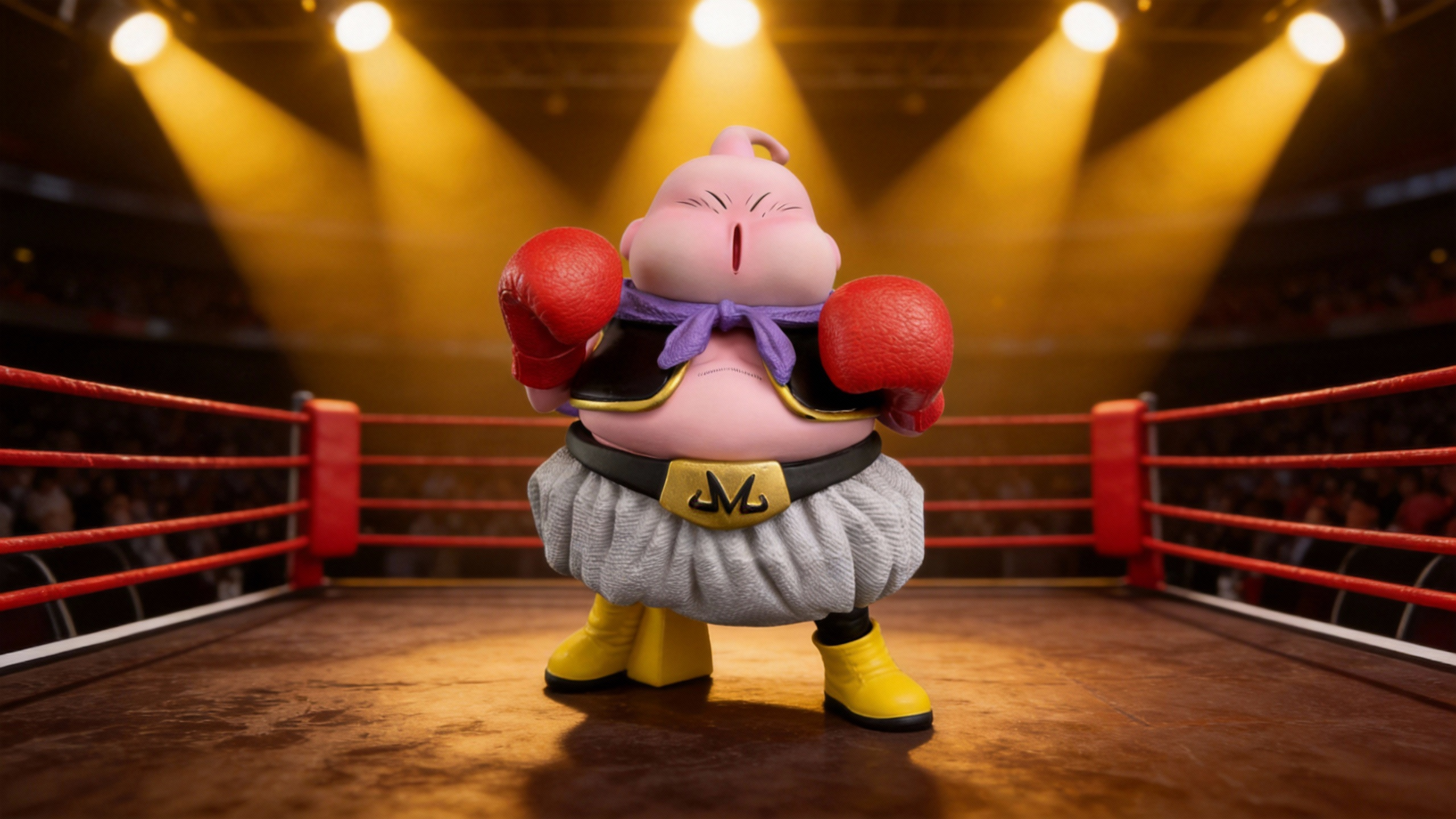 Premium Boxer Majin Buu Resin Statue by COSPLEE featuring red boxing gloves, a purple royal cape, and detailed leather-textured boxing shorts on a dynamic base.