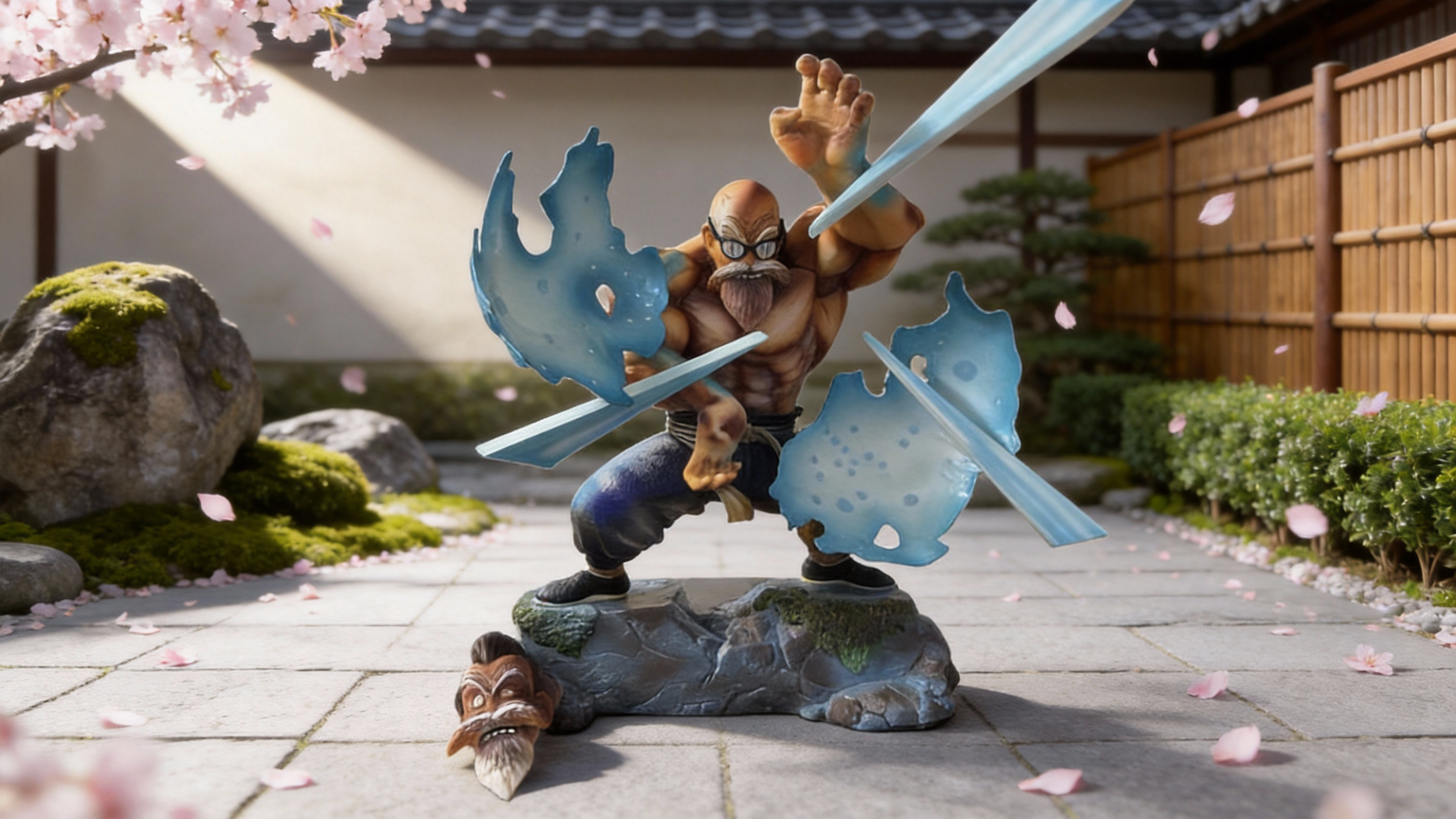 High-end SSJ3 Goku GK statue featuring waist-length golden hair, aggressive browless facial expression, and tattered orange gi on a rocky base.