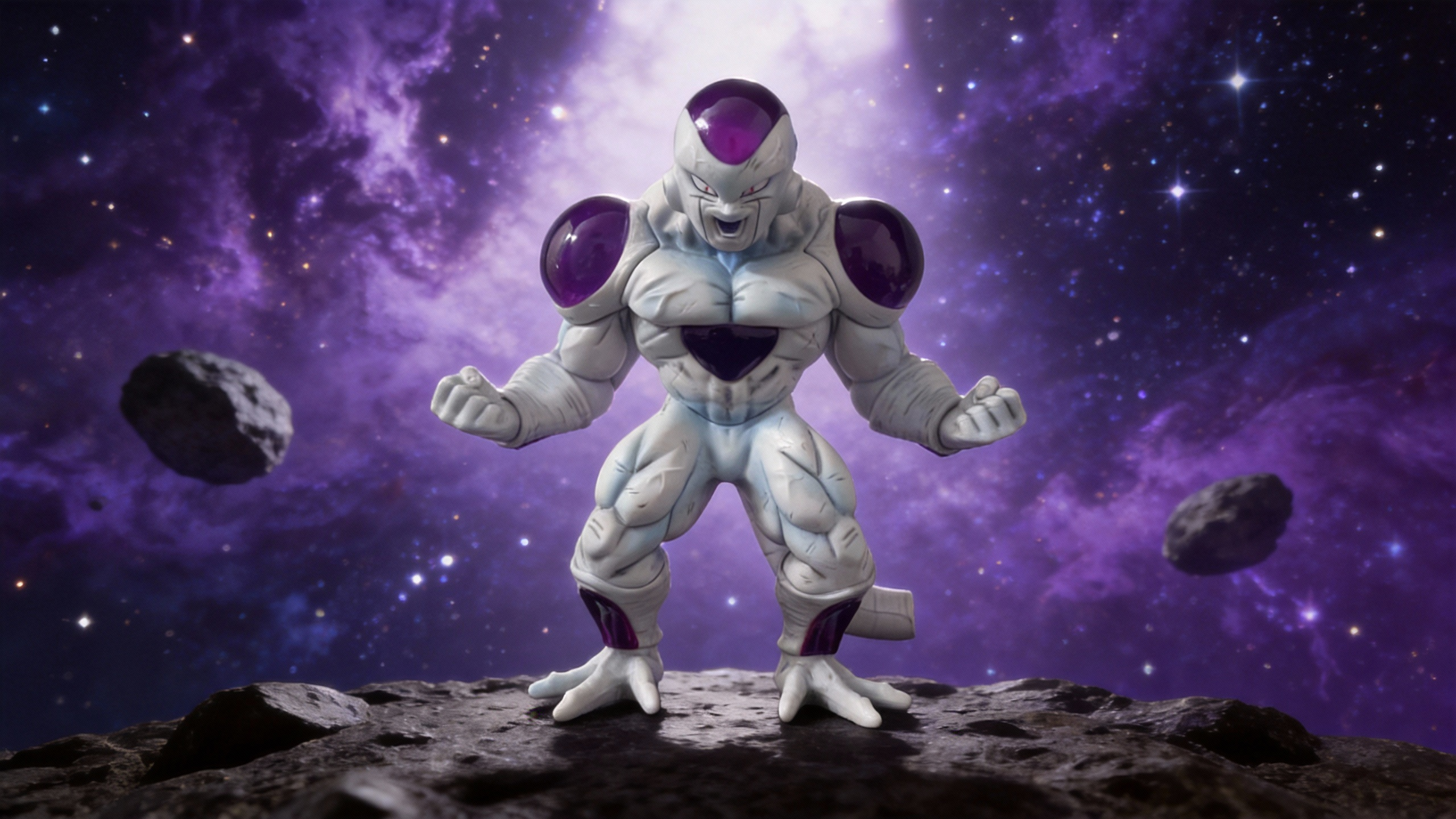 Full Power Frieza GK Statue in 100 percent form with hyper-muscular body, broken tail, angry expression, and purple reflective plates on white matte skin.