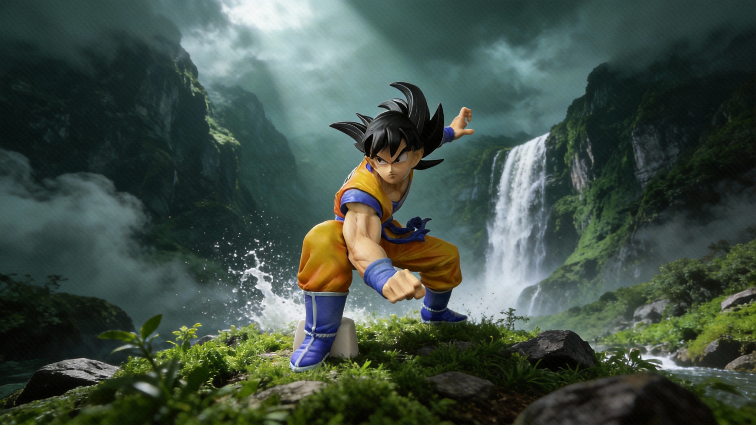 Goku in a wide martial arts stance, preparing a Kamehameha, wearing an orange gi with a blue undershirt and sash, rendered in high-quality resin with deep shading paint.