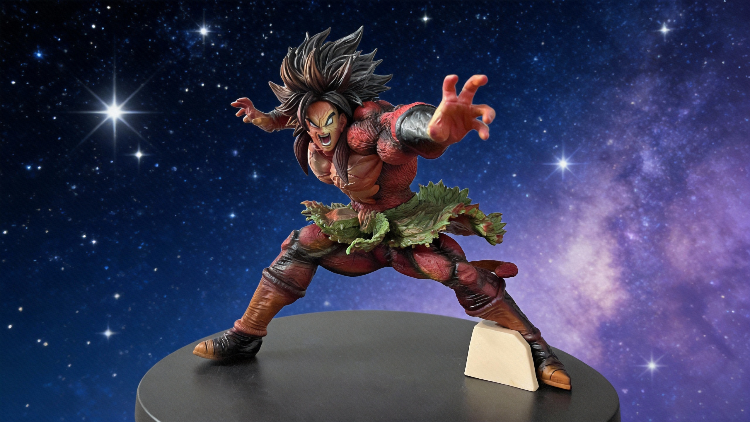 Massive SSJ4 Broly GK statue with glowing LED muscles, blood-red fur, and shredded neon green waist wrap, featuring realistic battle damage and scarred skin textures.