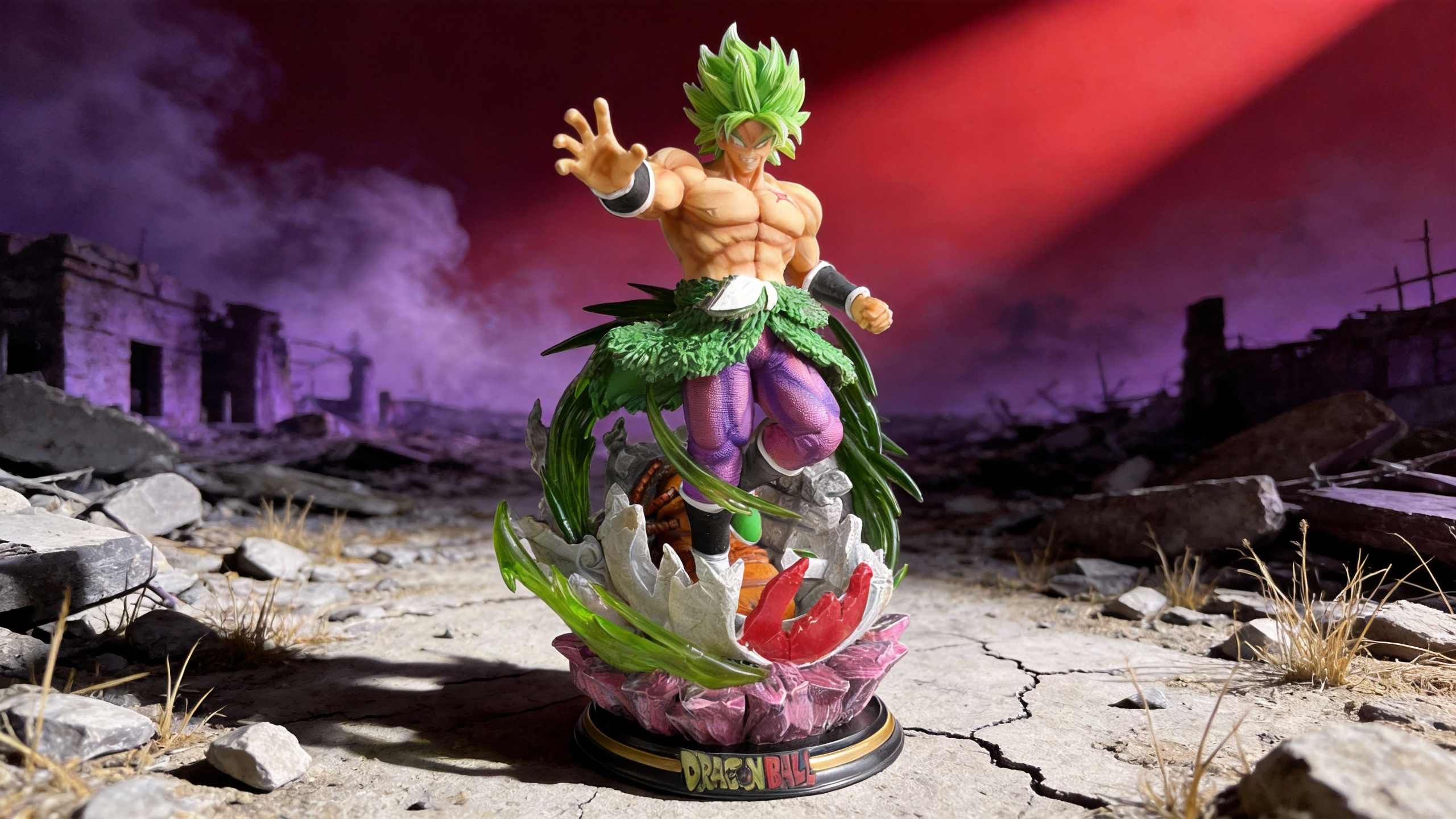 Broly Legendary Super Saiyan statue with massive bulging muscles, lime green hair, wearing a red sash and purple trousers on a volcanic rock base with green energy effects.