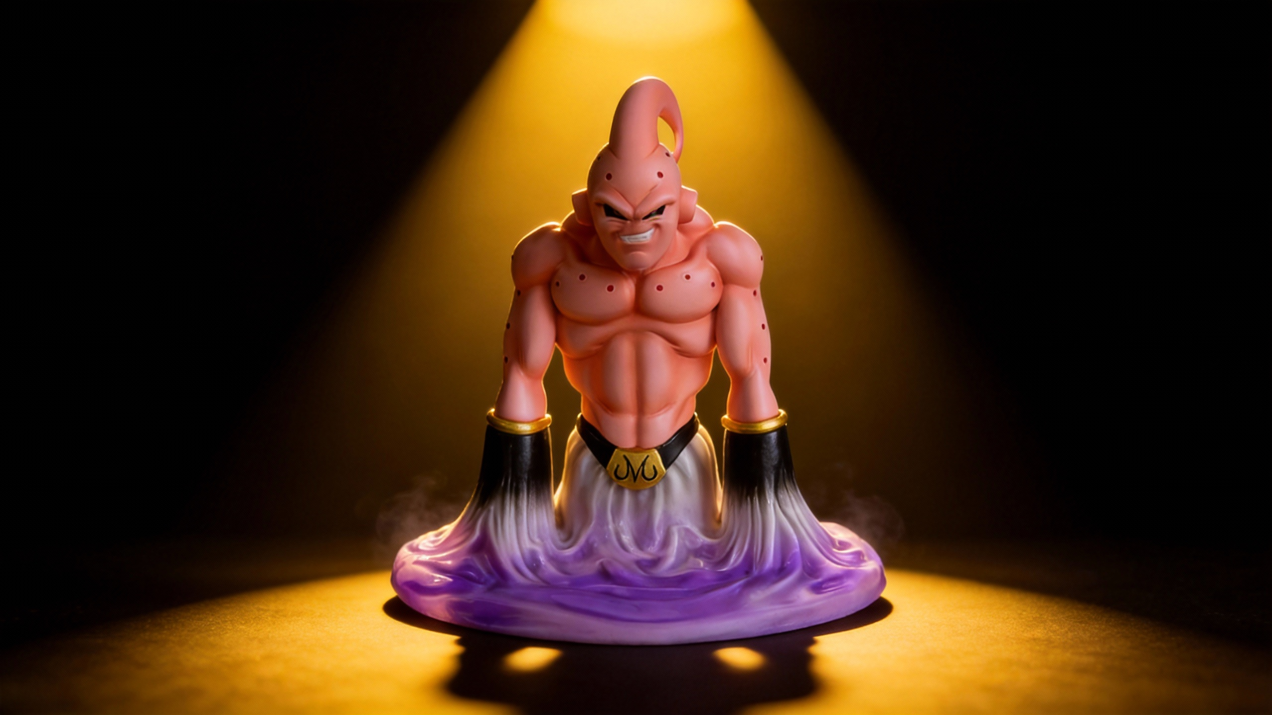 Kid Buu high-detail bust statue with a menacing grin, featuring pink skin textures and a liquefying purple and black energy base, Majin symbol belt visible.