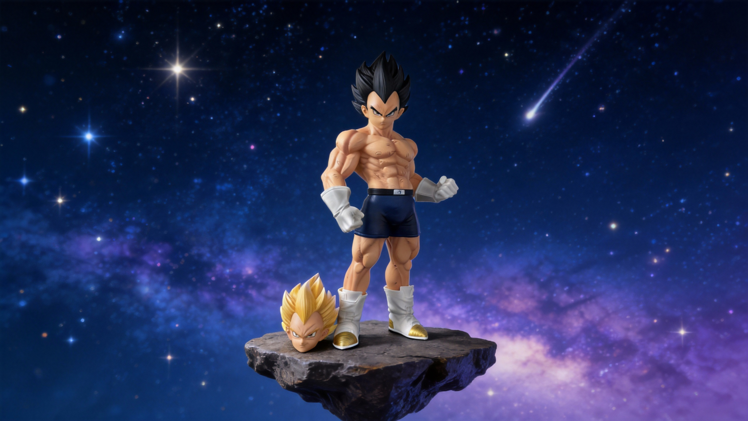 Realistic muscle sculpt of Vegeta during gravity training, showing intense vascularity, sweat effects, and minimalist black training shorts on a mechanical base.