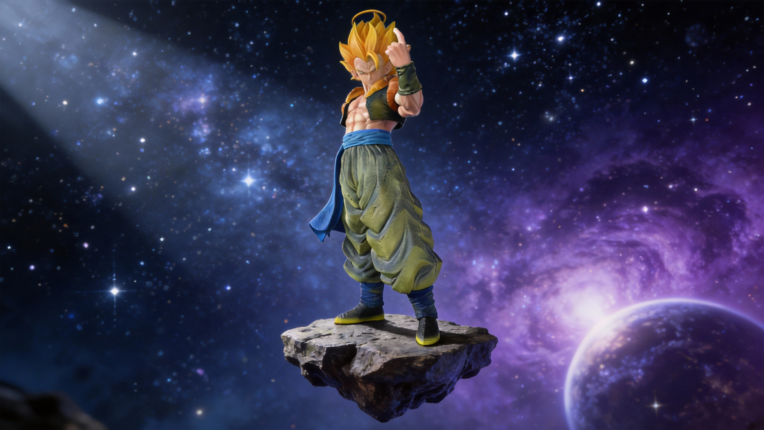 Super Saiyan Gogeta Wave King Edition GK statue, sitting in a regal pose with one hand supporting his head, wearing black and orange Metamoran vest and light teal pants.