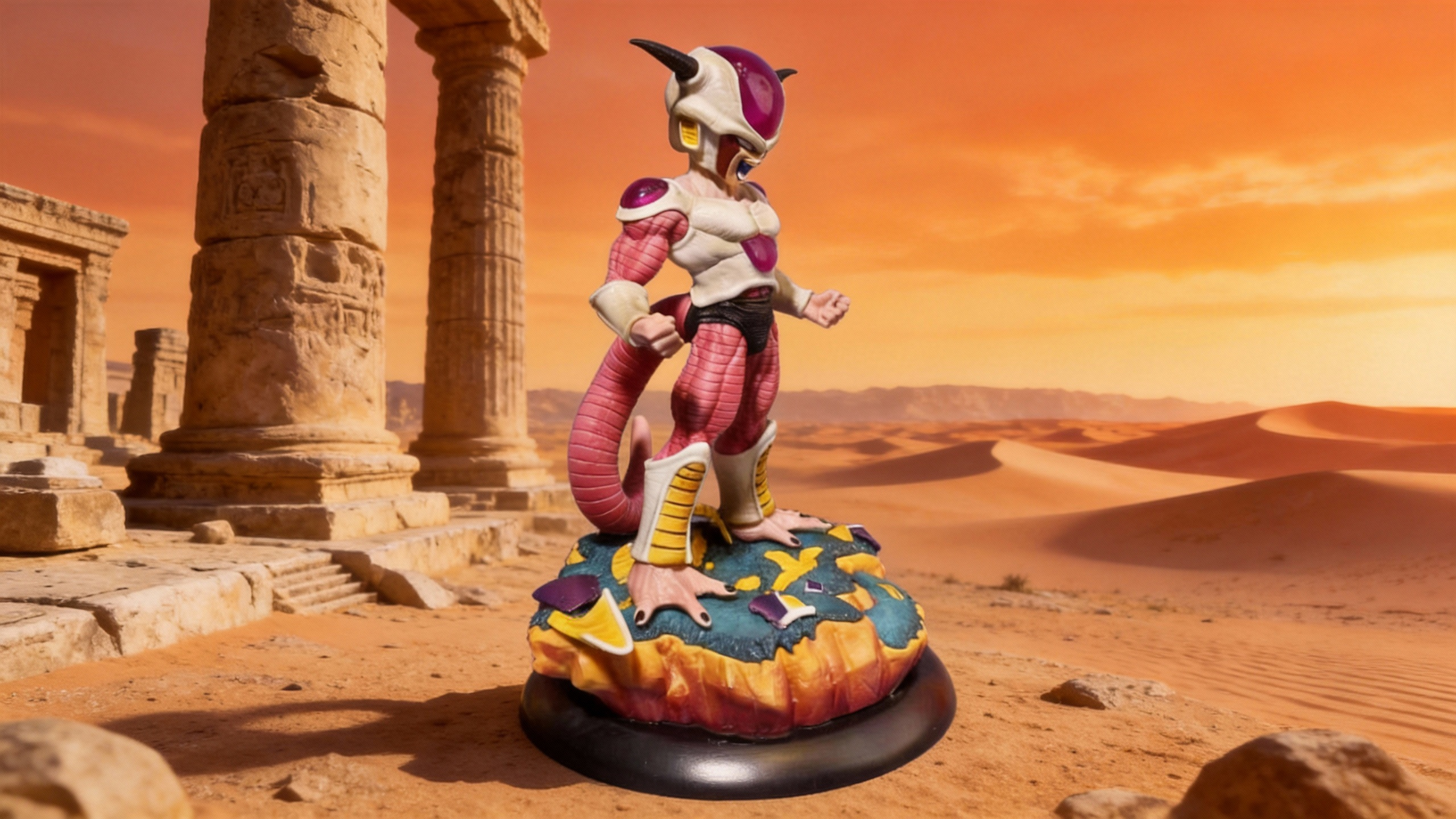Premium Frieza First Form Statue by COSPLEE on Planet Namek white-hole diorama base, showcasing detailed armor texture and regal purple accents.