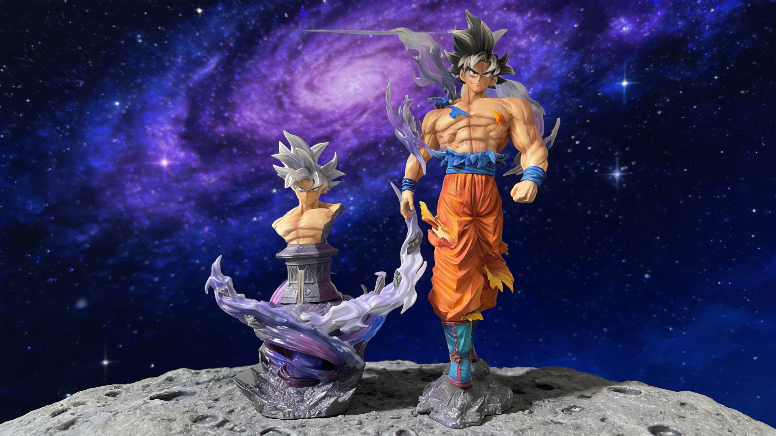 Ultra Instinct Goku Cloud-Rising statue with silver hair and muscular torso, featuring purple translucent energy clouds and a pearlescent finish on a rocky base.
