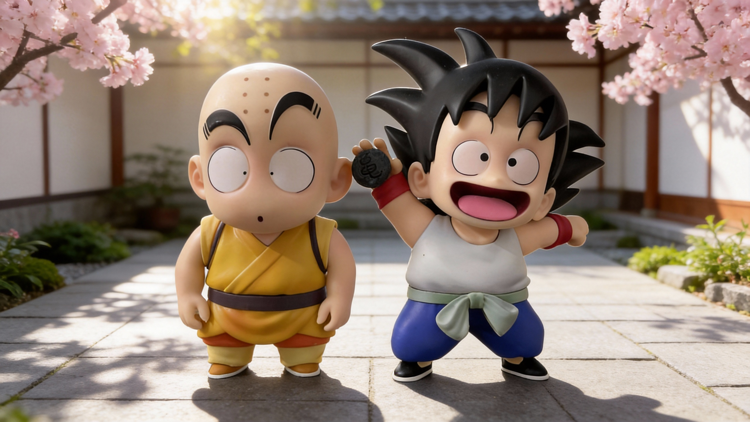 Dragon Ball Kid Goku and Krillin Chibi Q-version GK statue set, showing Goku in blue/white training gear and Krillin in yellow monk-style gi, both with cheerful expressions.