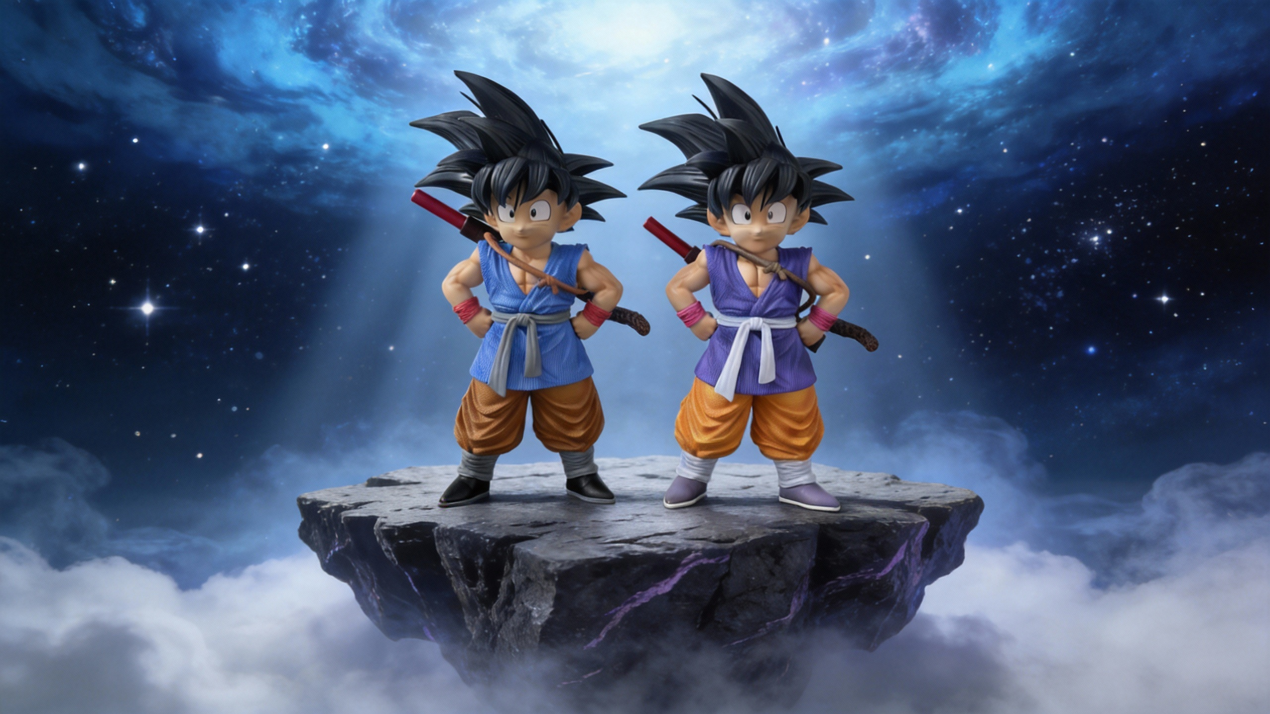 Dragon Ball GT Kid Goku GK statue in Azure blue and Amethyst purple variants, featuring realistic muscle definition and textured martial arts gi.