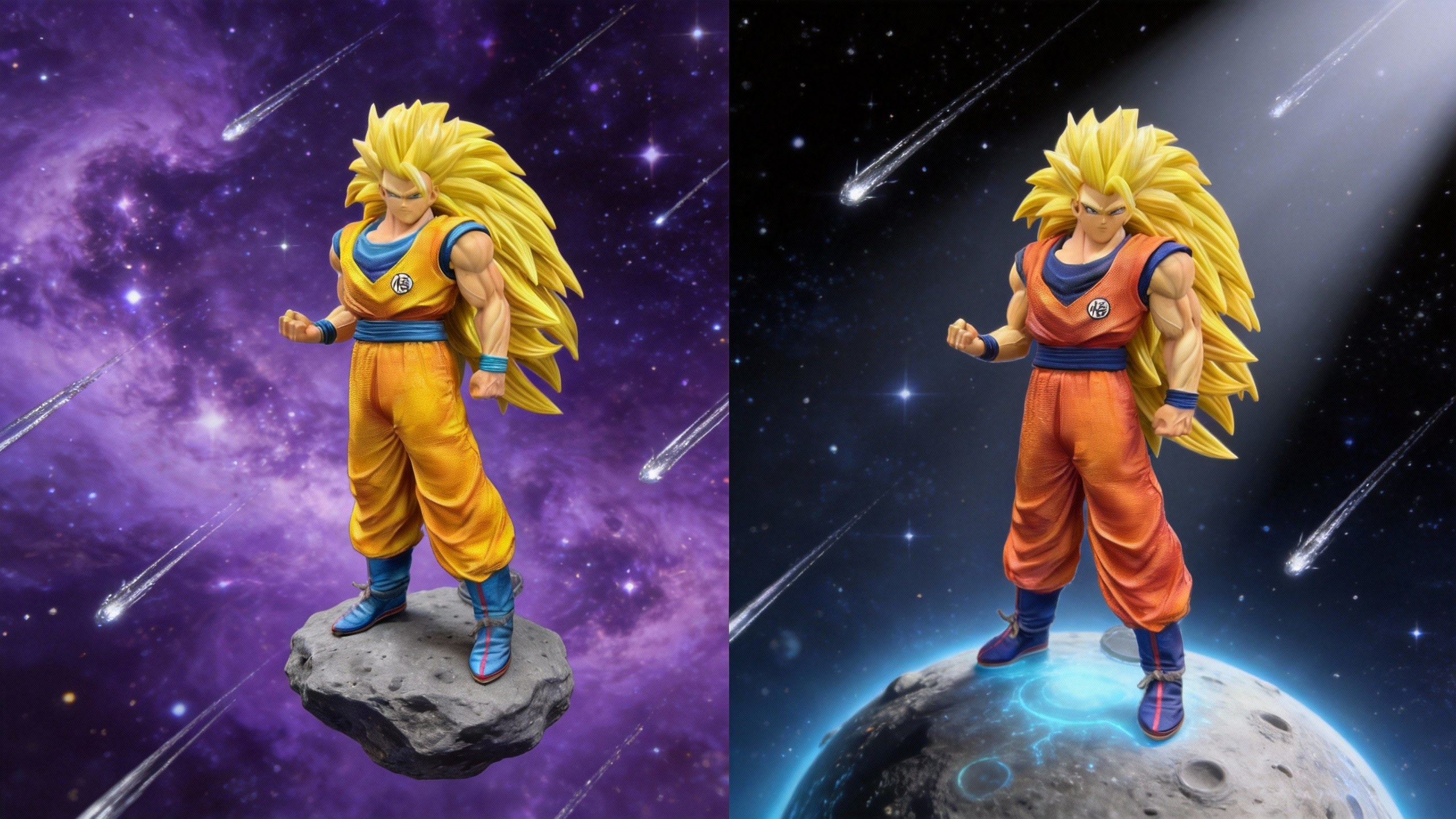 Super Saiyan 3 Goku 30cm desktop GK statue, comparing the Neon Highlight variant with high-energy yellow and the Classic Ochre variant with traditional orange gi textures.