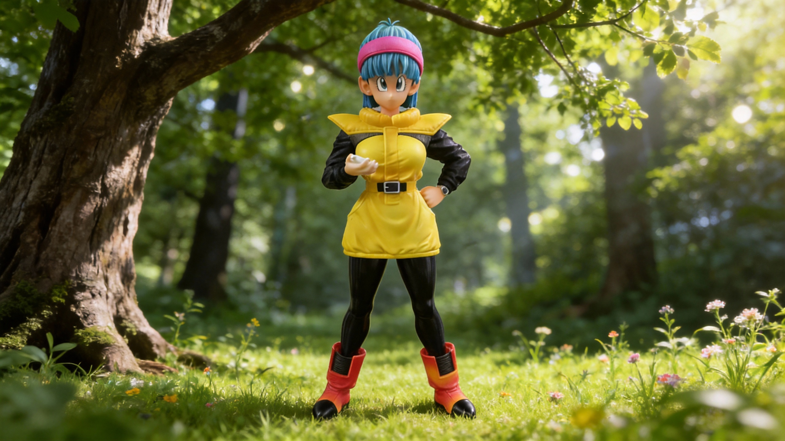 Bulma Namek Saga GK statue featuring teal hair, yellow and white exploration gear, and red-black gradient boots with a confident facial expression.