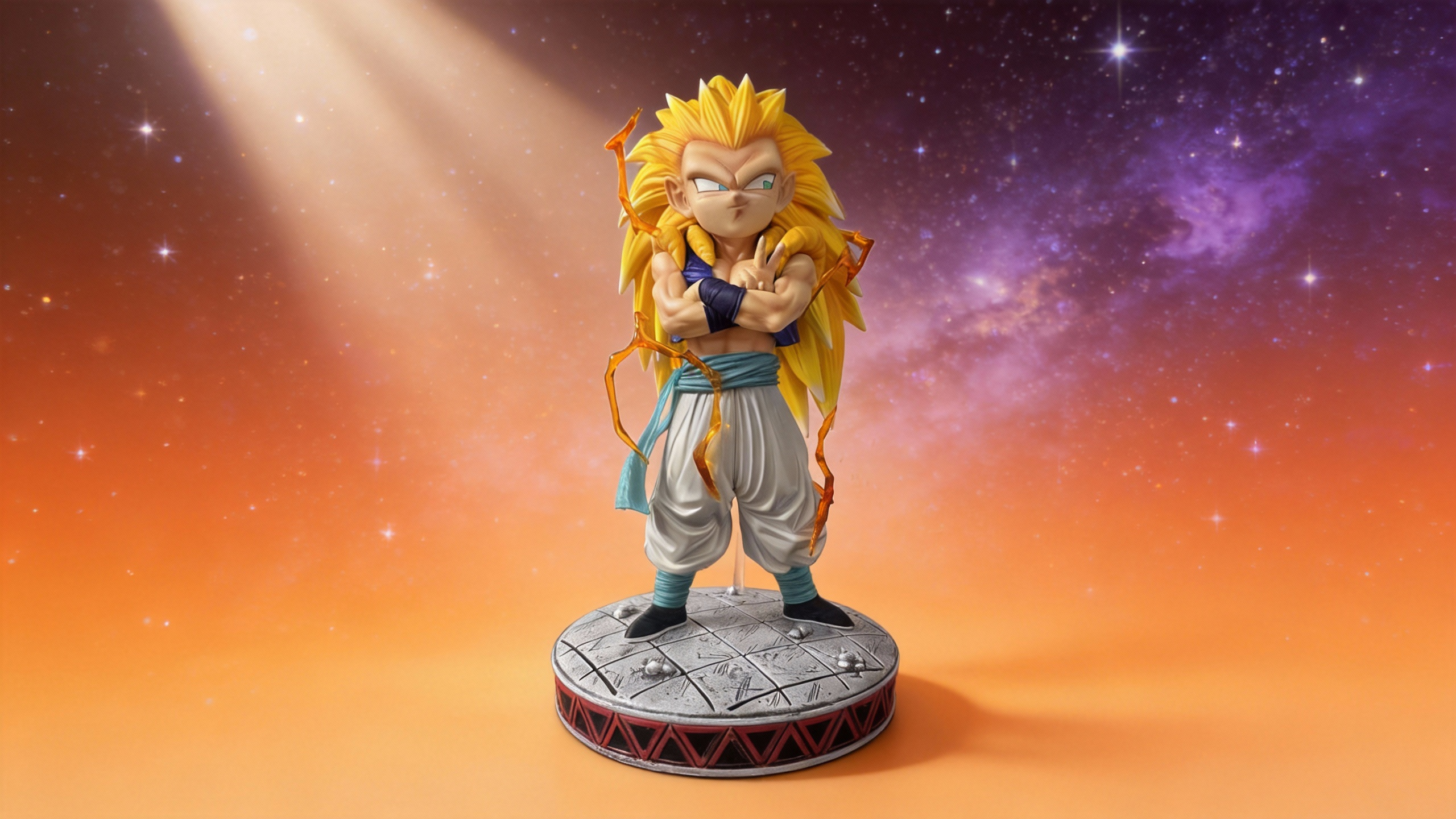 Super Saiyan 3 Gotenks GK statue with massive floor-length golden hair, sharp facial features without eyebrows, wearing fusion vest and white pants, surrounded by orange lightning effects.