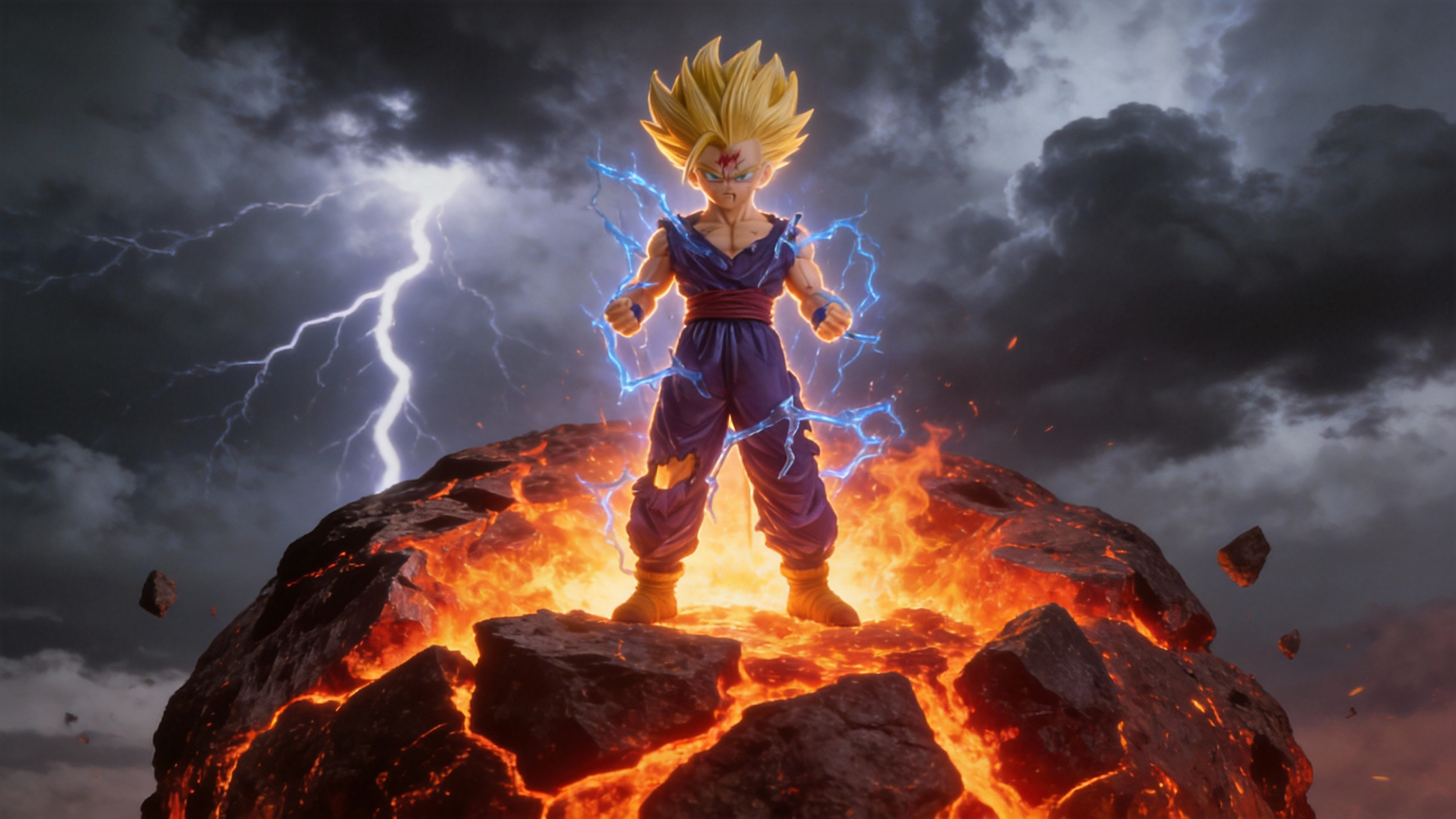 Large scale Super Saiyan 2 Gohan GK statue with golden upright hair, sparks of lightning, torn purple gi, and cold facial expression on a rocky battlefield base.