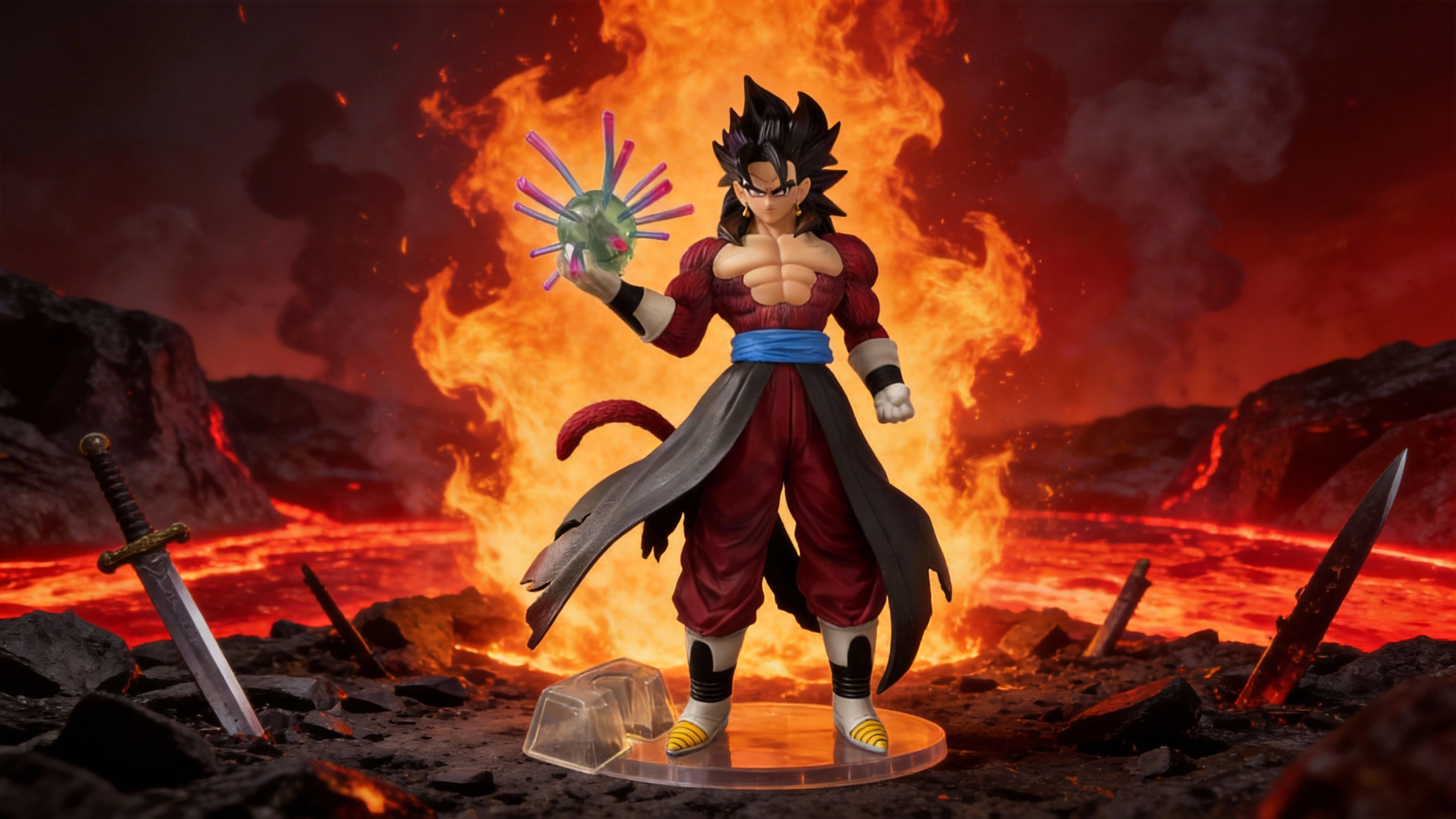 SSJ4 Gogeta GK statue with wild crimson hair, red fur-covered body, crossing arms pose, blue sash, and intricate rock base with light-up energy effects.
