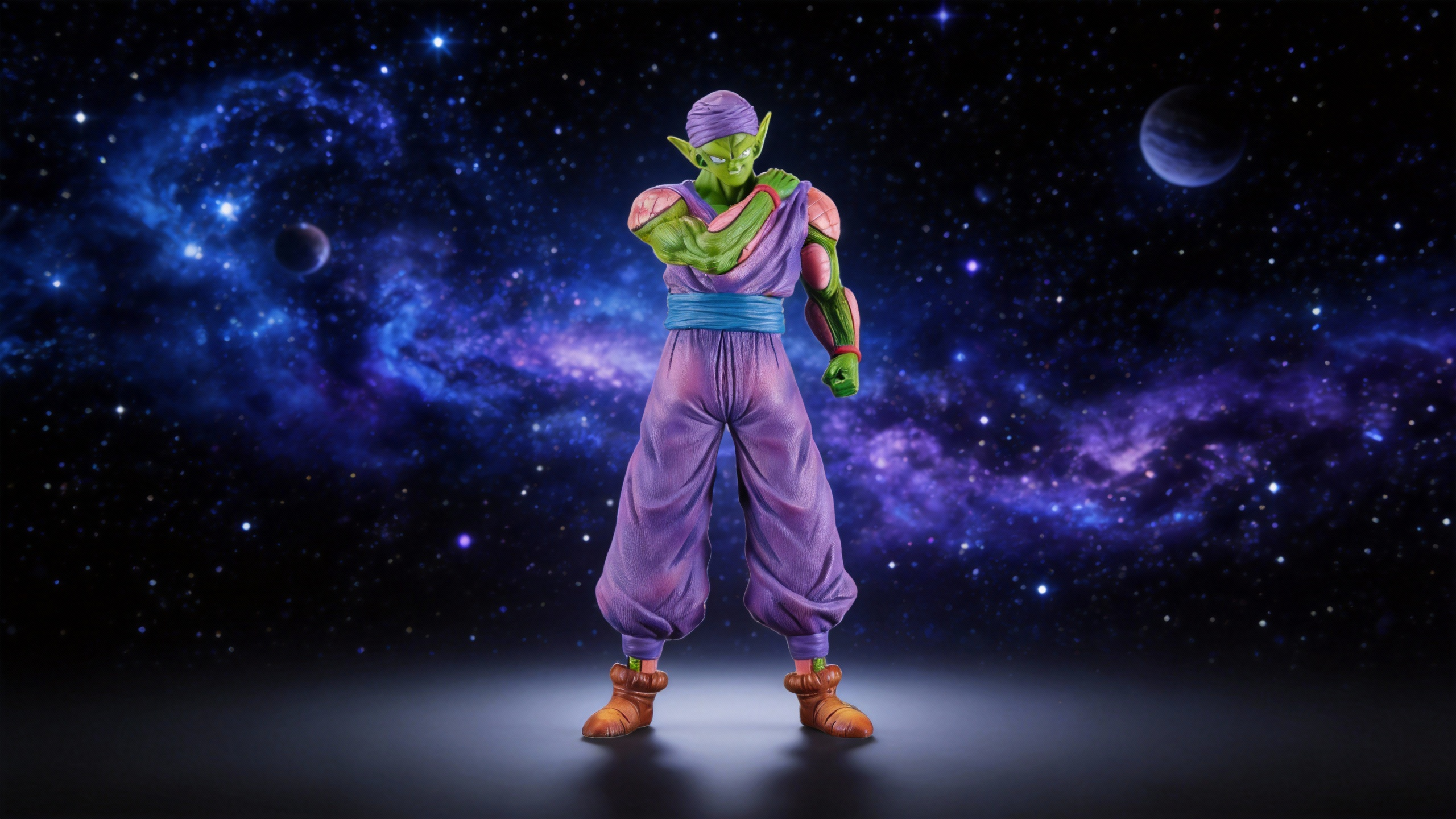 Piccolo standing pose statue in iconic purple gi and blue sash, featuring realistic green Namekian skin with pink muscle patches and a stoic facial expression.