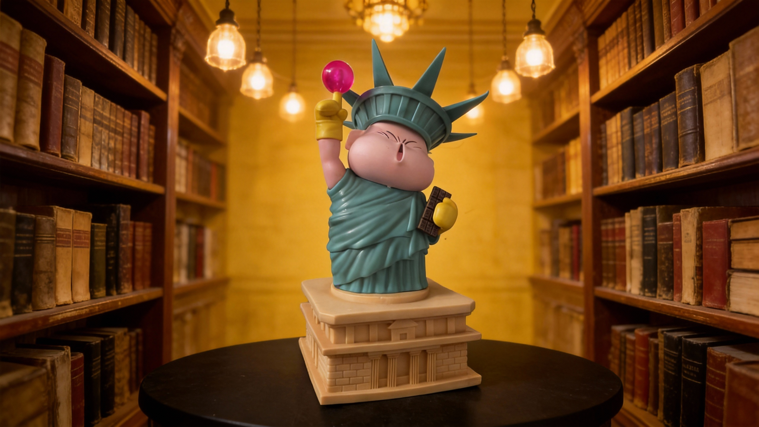 Fat Majin Buu dressed as the Statue of Liberty, holding a chocolate bar and an ice cream torch, standing on a stone pedestal with a crown.
