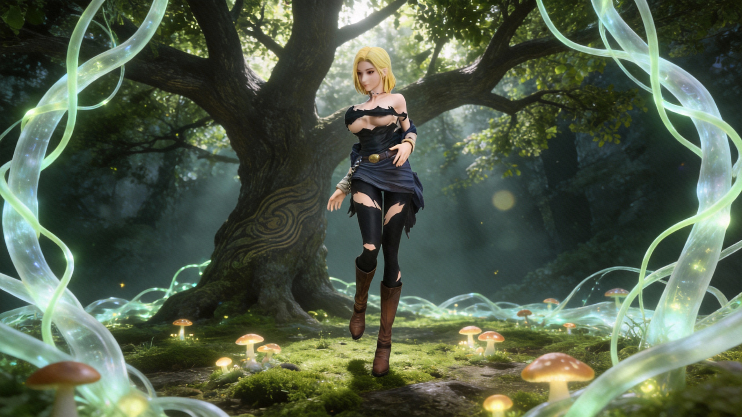 Android 18 battle damaged GK statue with ripped black shirt, blonde bob hair, and a determined facial expression, showing realistic skin texture through frayed fabric.